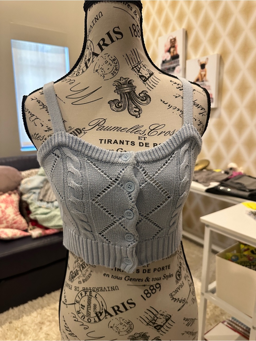 Katie J NYC Light Blue Cable-Knit Button Crop Top